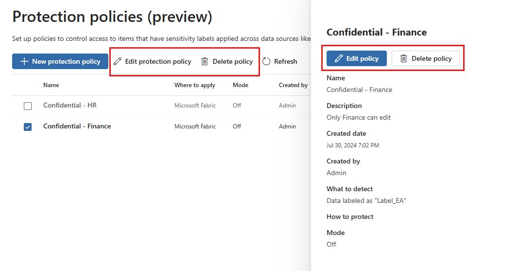 Screenshot of protection policy management edit and delete options.