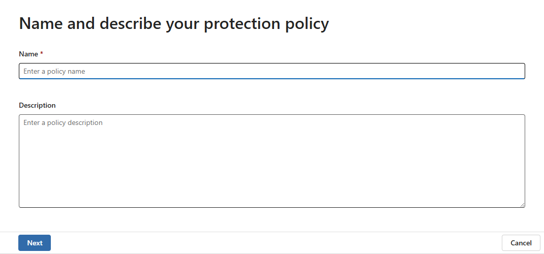 Screenshot of name and description page in protection policy configuration.