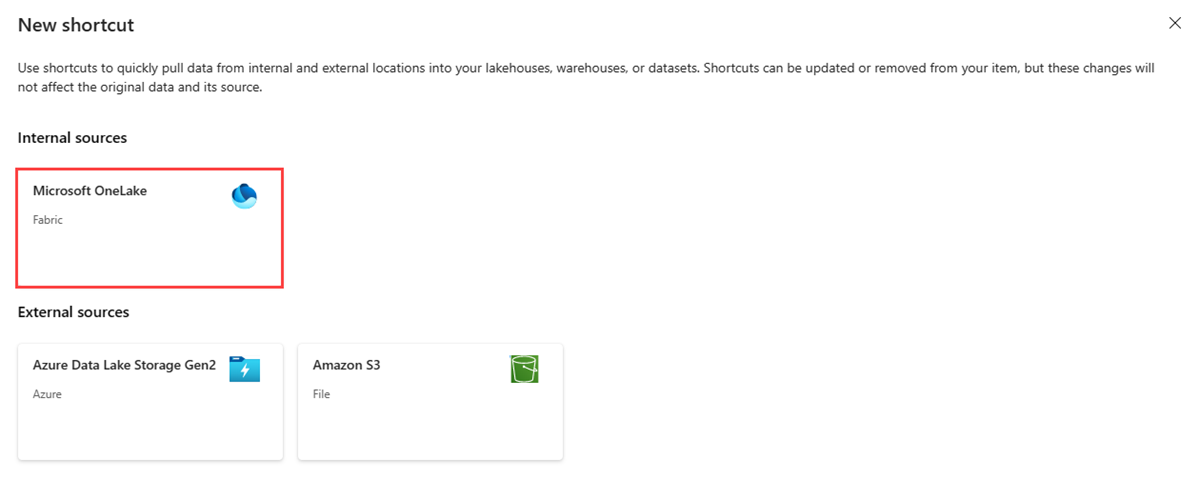 Screenshot of the New shortcut window showing the two methods for creating a shortcut. The option titled OneLake is highlighted.