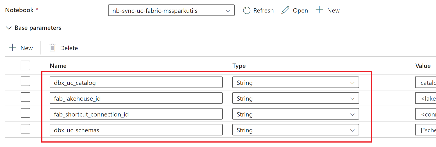 Screenshot showing notebook activity parameters.