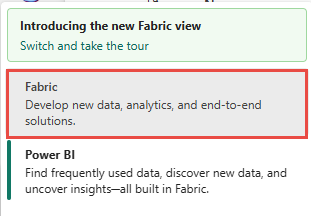 Screenshot that shows how to switch to the Fabric workload.