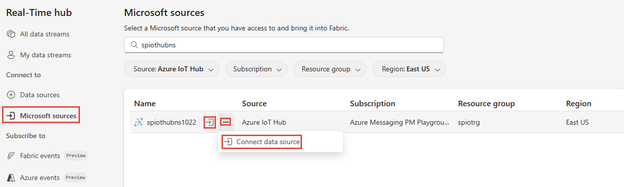 Screenshot that shows the Microsoft sources page with filters to show IoT hubs and the connect button for an IoT hub.