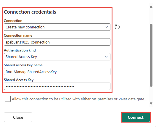 Screenshot that shows the Connection credentials section of the Connect page one for Azure Service Bus connector.