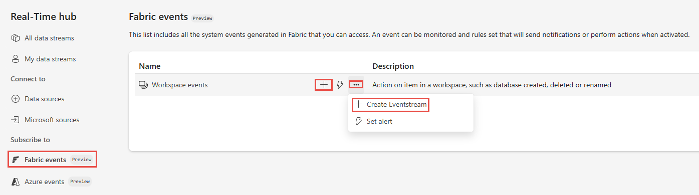 Screenshot that shows the Real-Time hub Fabric events page.