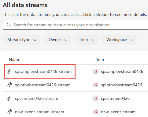 Screenshot that shows Real-Time hub with a data stream selected.