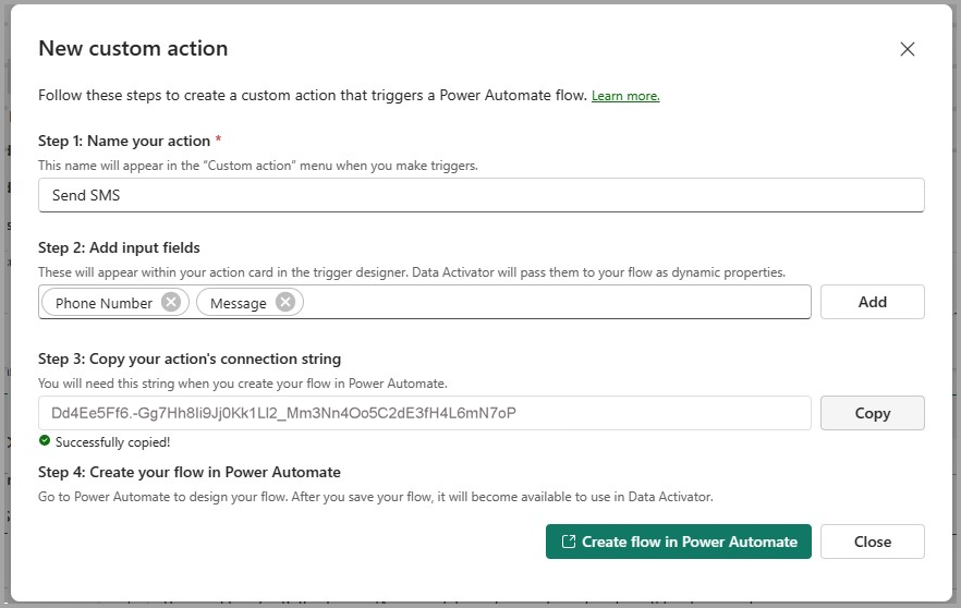 Screenshot of creating an Activator new custom action.