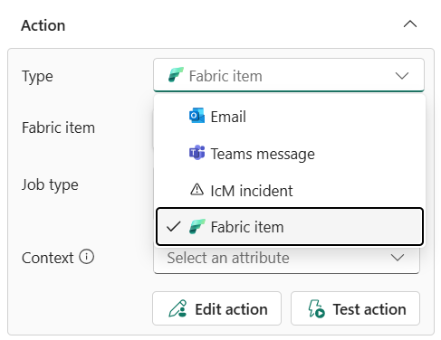 Screenshot showing Fabric item selected from the Type dropdown.