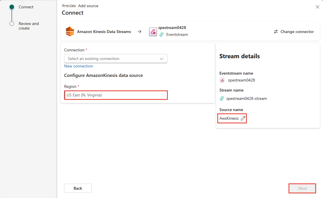 A screenshot of the Region field for Configure Amazon Kinesis data source.