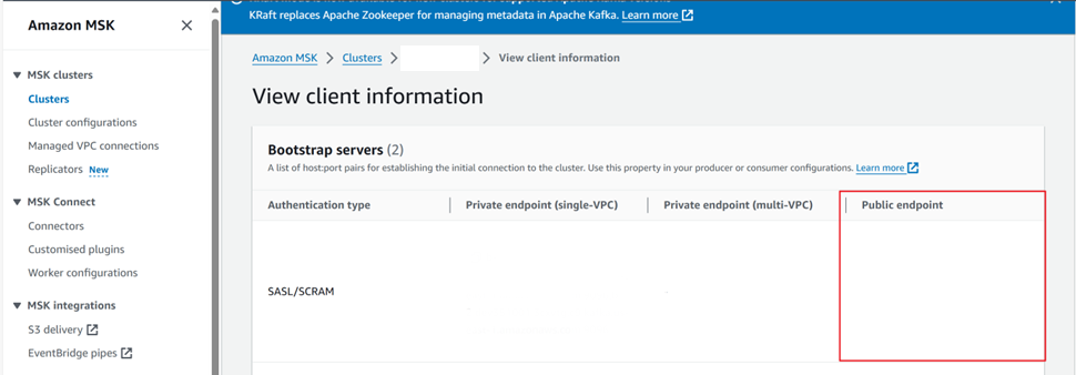 Screenshot that shows the public endpoint of Amazon MSK cluster.