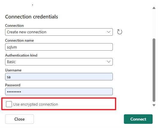 Screenshot that shows the Connection credentials section of the Connect page.