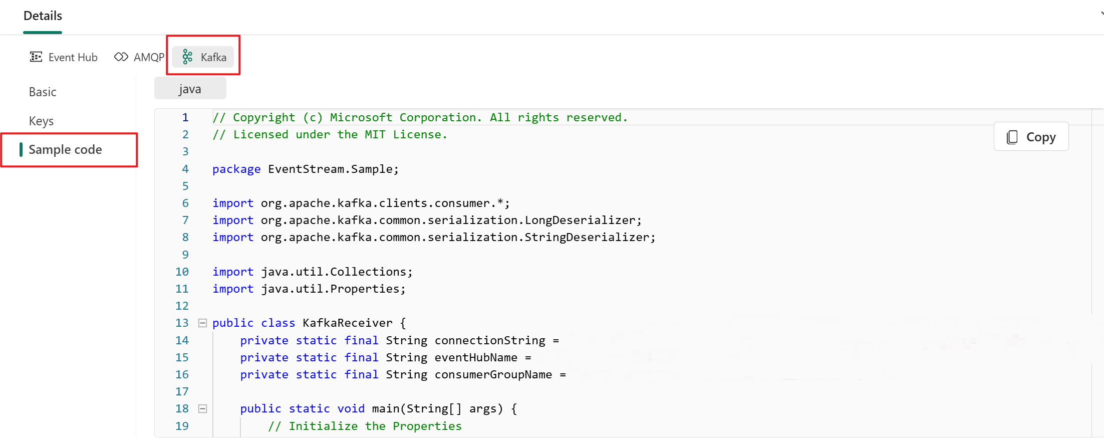 Screenshot that shows Kafka sample code on the Details pane of the eventstream live view.