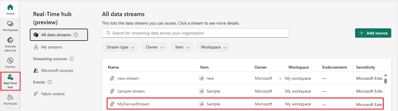 Screenshot of the derived eventstream listed in Real-Time hub.