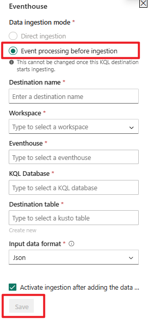 A screenshot of the KQL Database configuration screen for Event processing before ingestion.