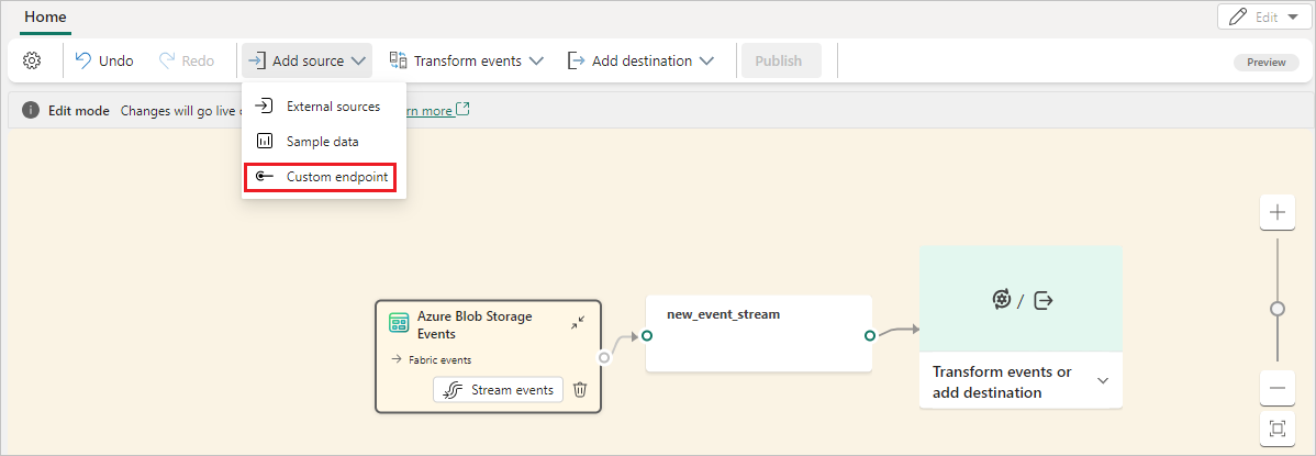 Screenshot of selecting a custom endpoint as a source for an existing eventstream.