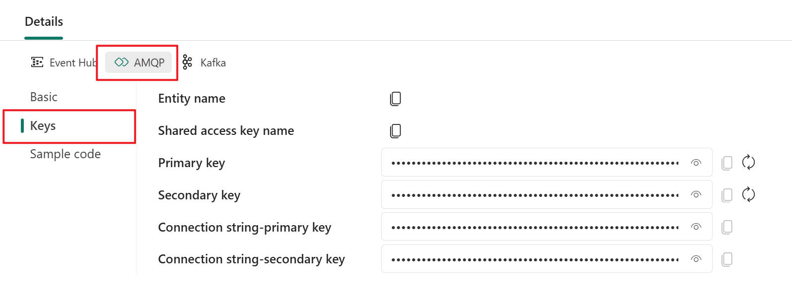 Screenshot that shows AMQP keys on the Details pane of the eventstream live view.