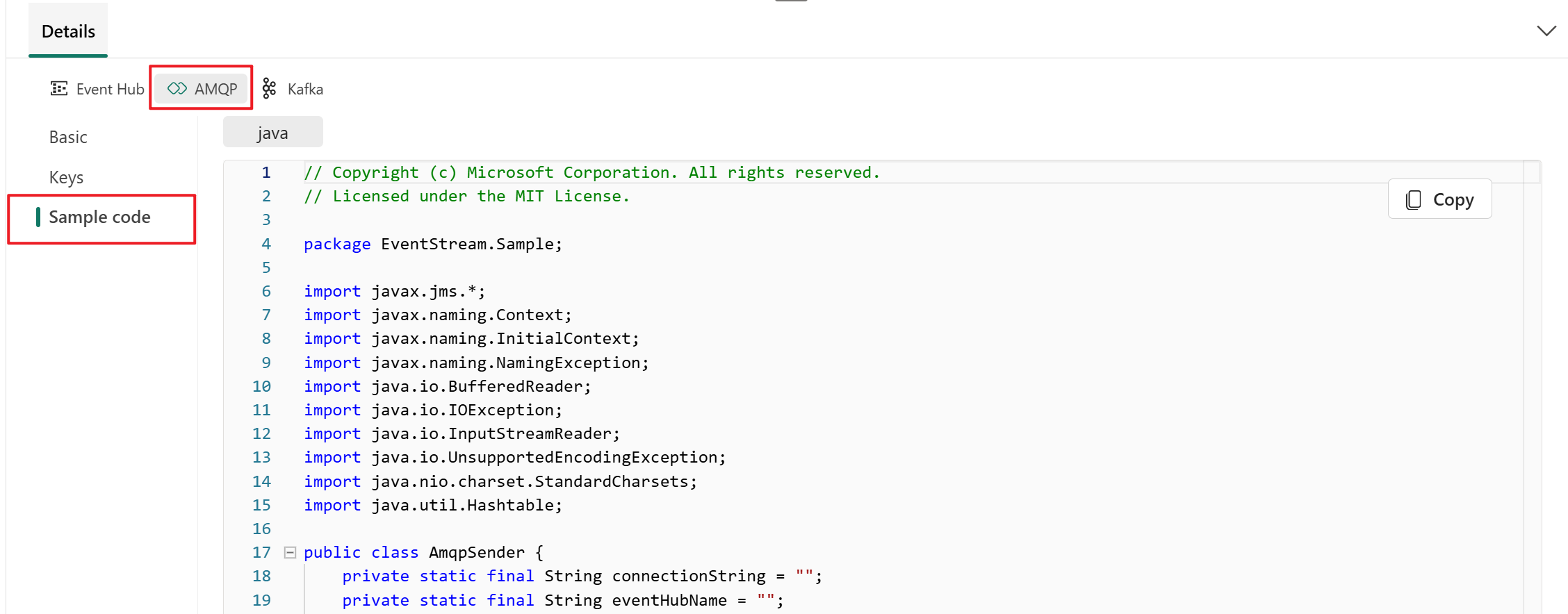 Screenshot that shows AMQP sample code on the Details pane of the eventstream live view.