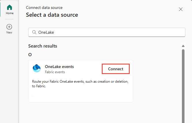 Screenshot that shows the selection of Fabric OneLake events as the source type in the Select a data source window.