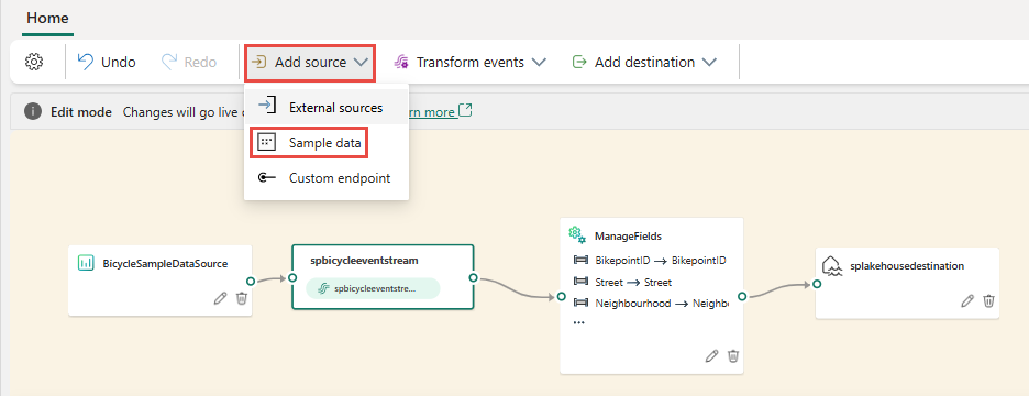 A screenshot of selecting Sample data to add to an existing eventstream.