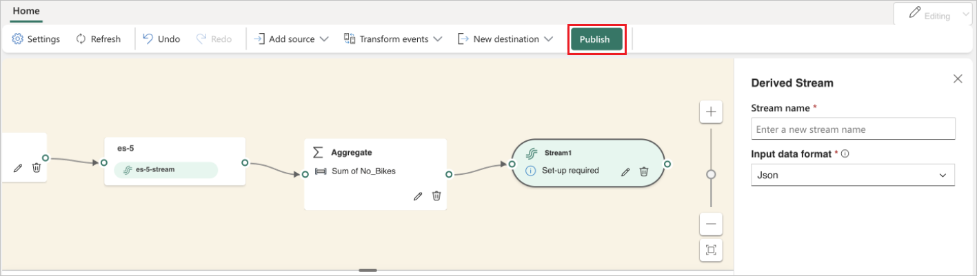 A screenshot of publishing a derived stream.