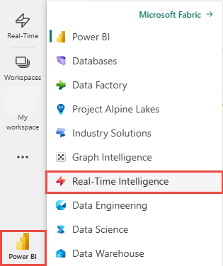 Screenshot showing the switcher to switch to the Real-Time intelligence workload.