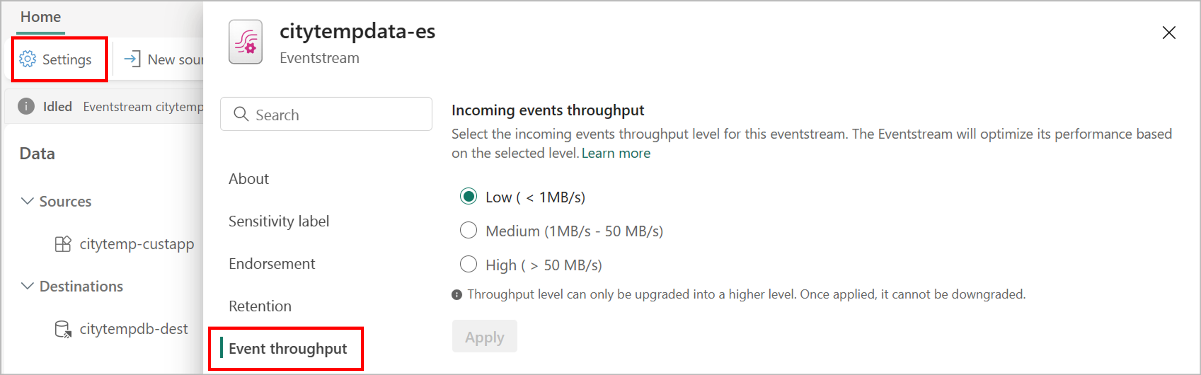 Screenshot that shows the throughput setting for an eventstream.