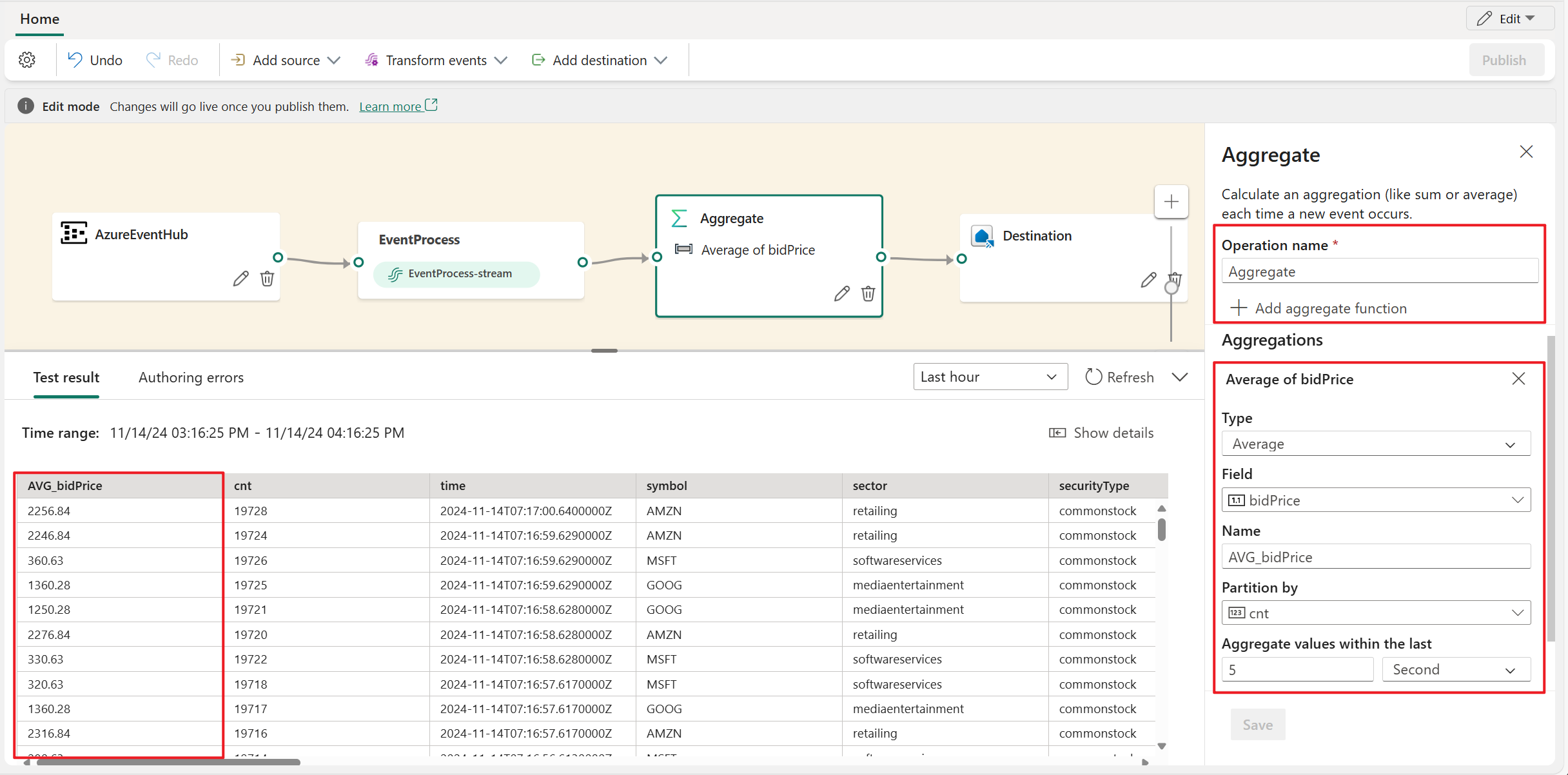 Screenshot showing the aggregate operator configuration and test result.