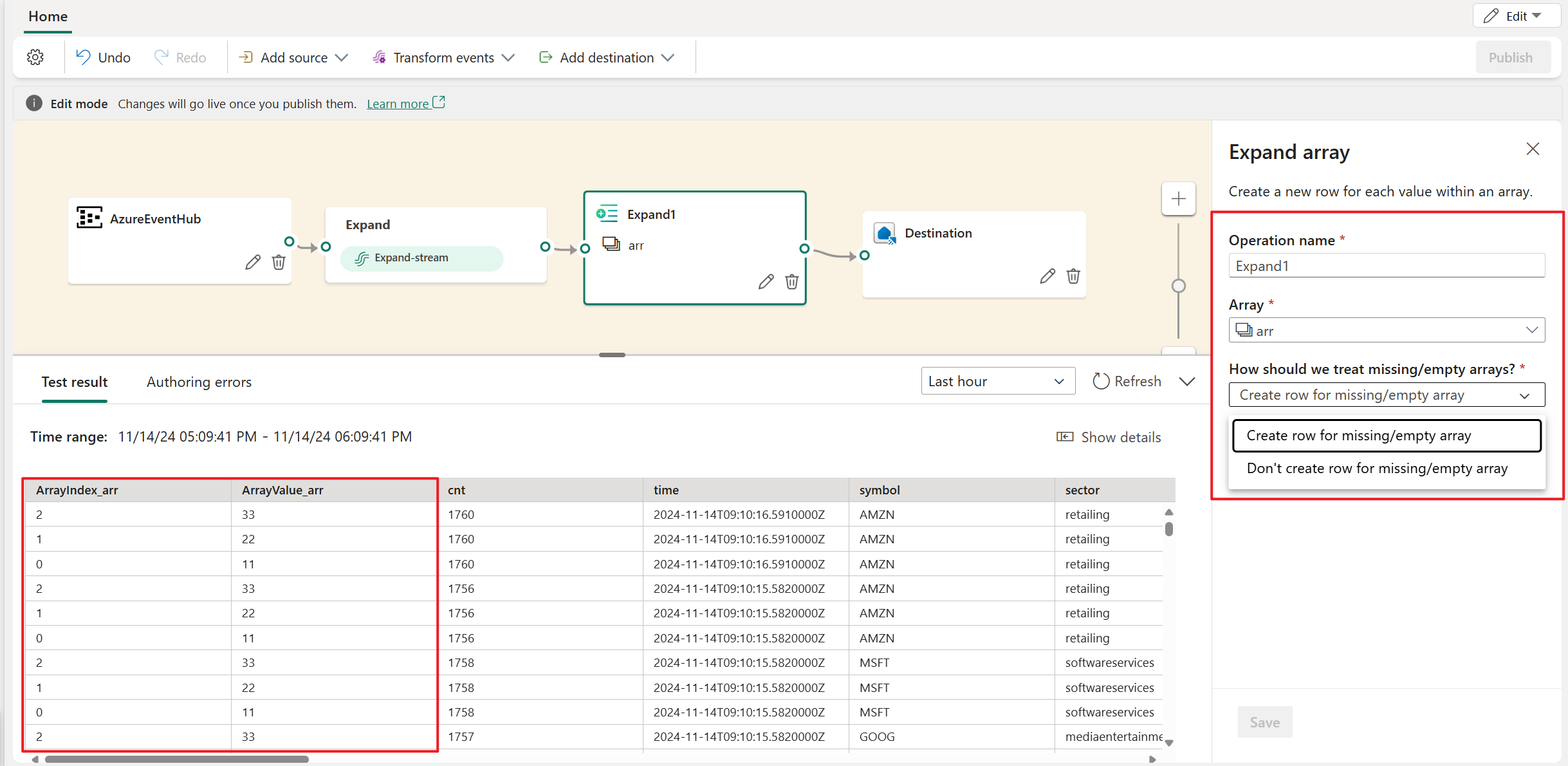 Screenshot showing expand operator's configuration and test result.