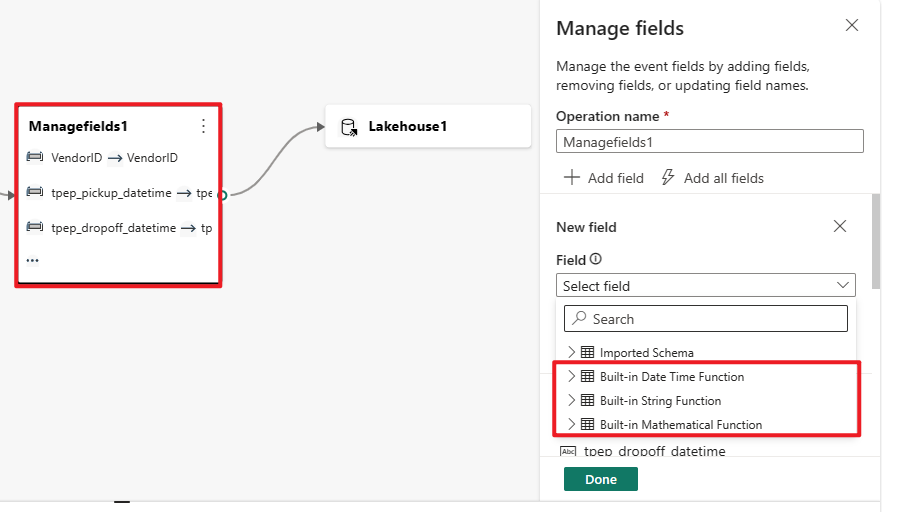 Screenshot showing the Manage field built-in functions.