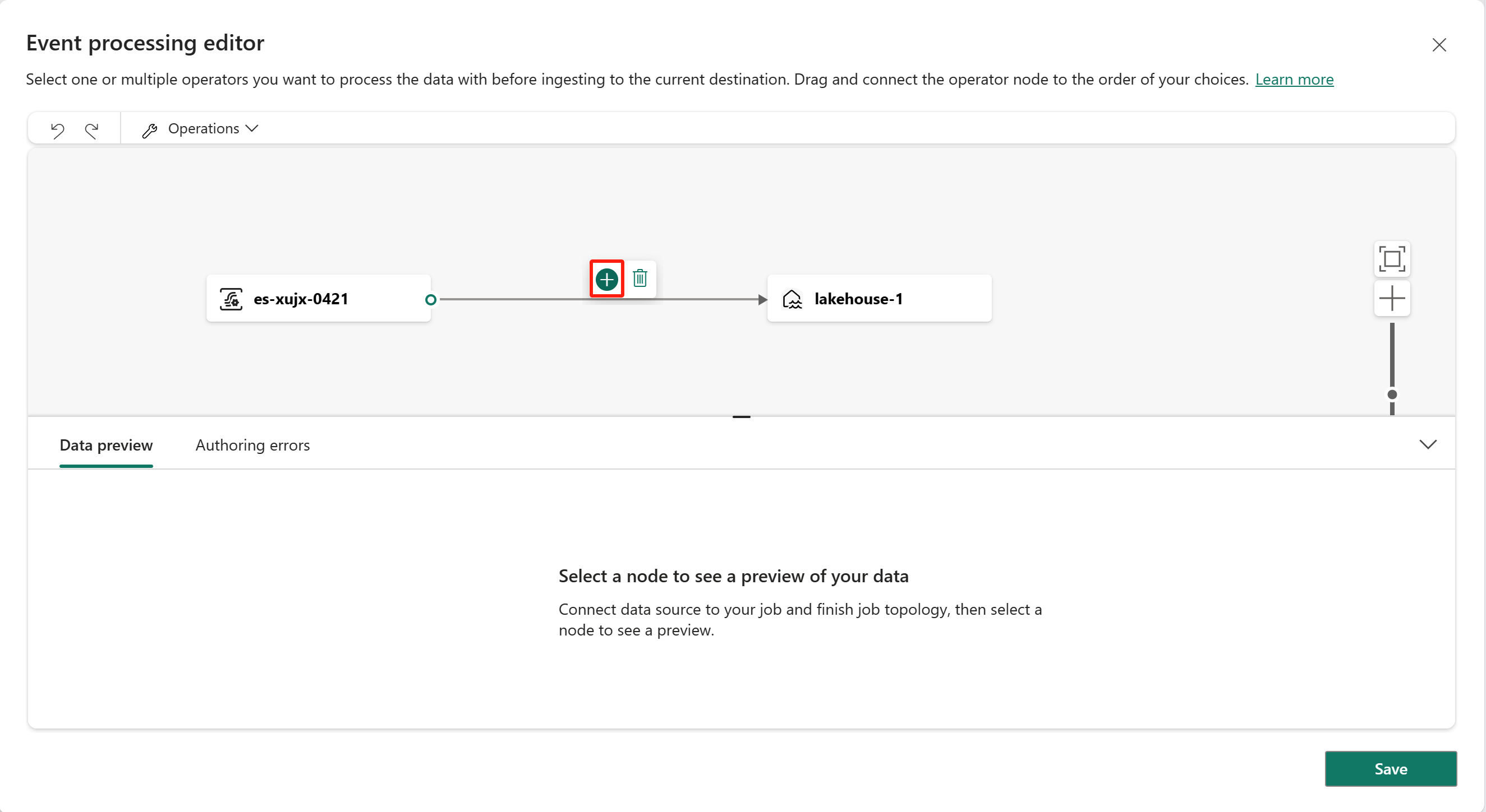 Screenshot showing where to hover on connection line to insert a node.