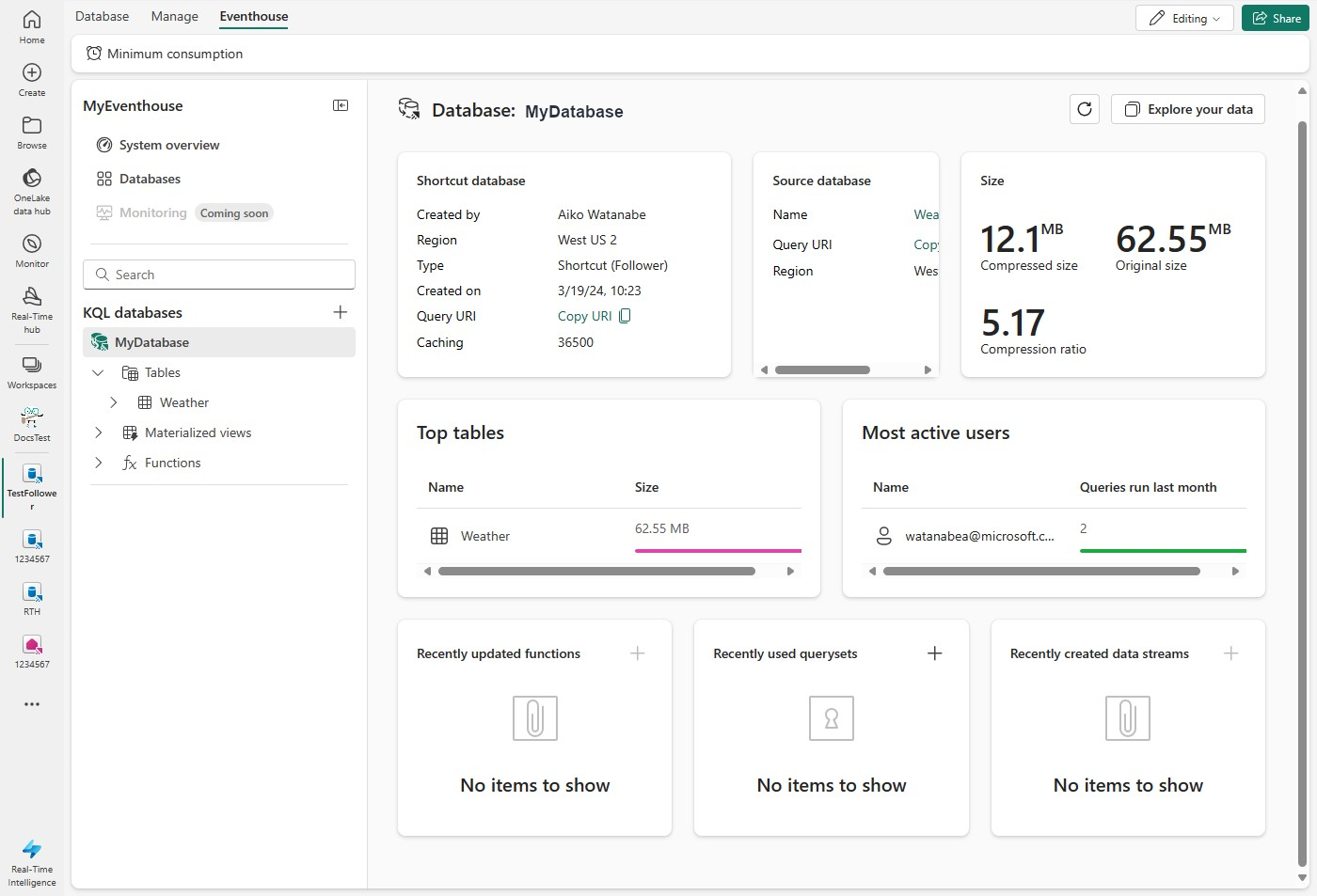 Screenshot of KQL database main page showing the database details cards.