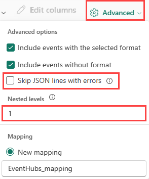 Screenshot of advanced JSON options.