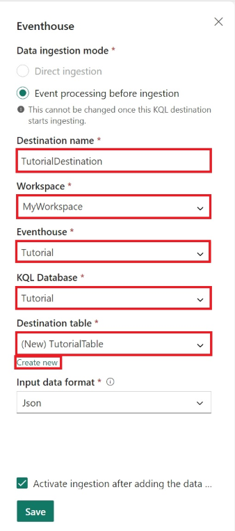 Screenshot showing the Eventhouse destination pane in Real-Time Intelligence.