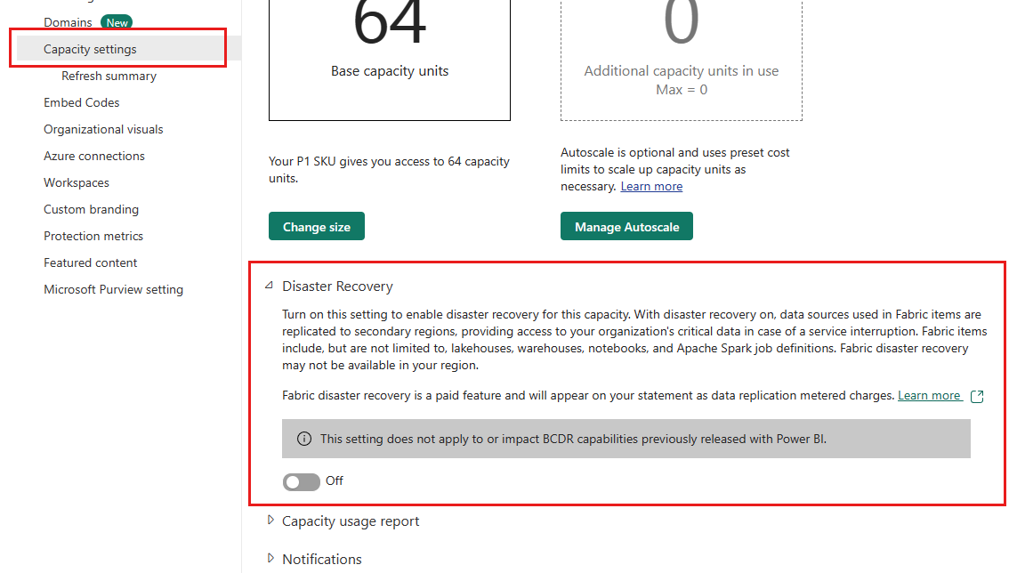 Screenshot of the disaster recovery tenant setting.