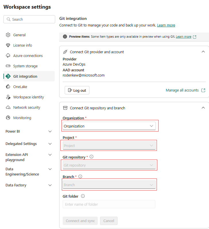 Screenshot showing how to connect and sync Workspace with ADO repo.