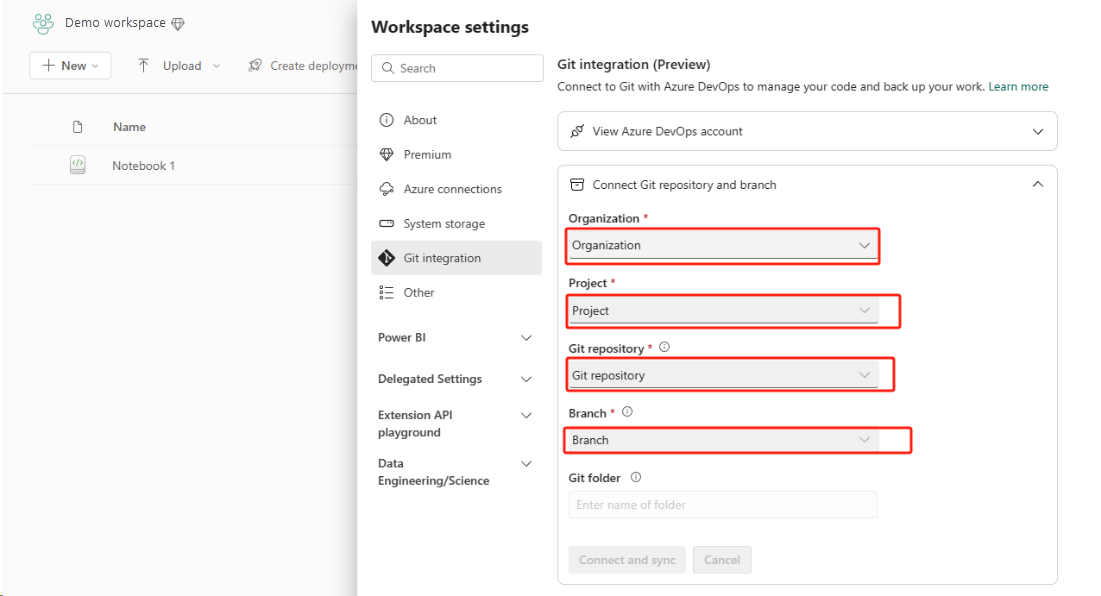 Screenshot showing how to connect and sync notebook with ADO repo.