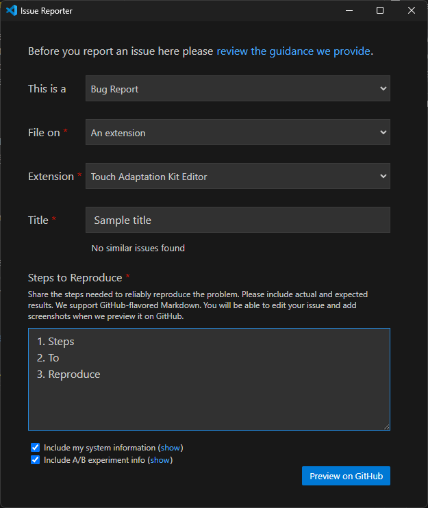 Screenshot of the "Report Issue" window in VS Code