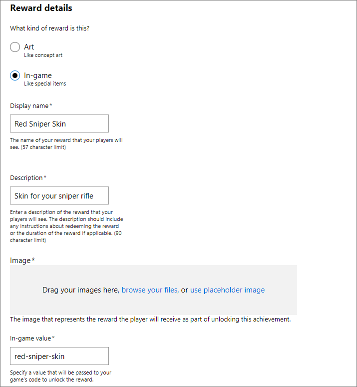 Screenshot of the Reward details UI in Partner Center for configuring reward details for an achievement