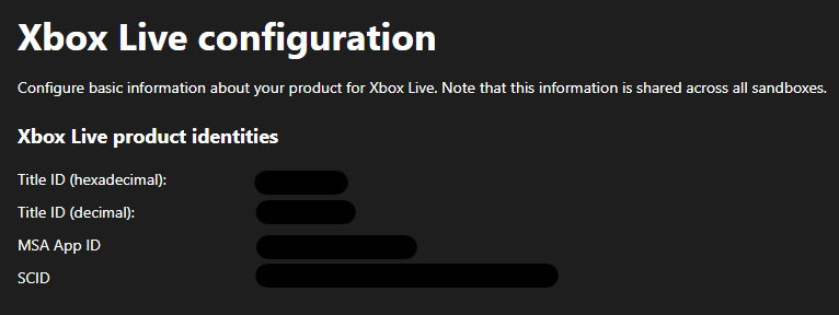 Screenshot of the Xbox product identities in Partner Center