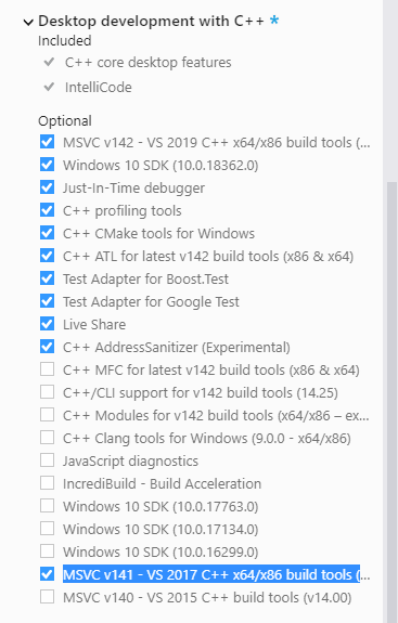 Screenshot of the selection of v141 of the MSVC build tools