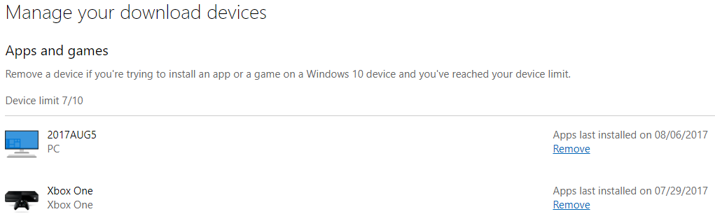 Screenshot of the Manage your download devices for apps and games page