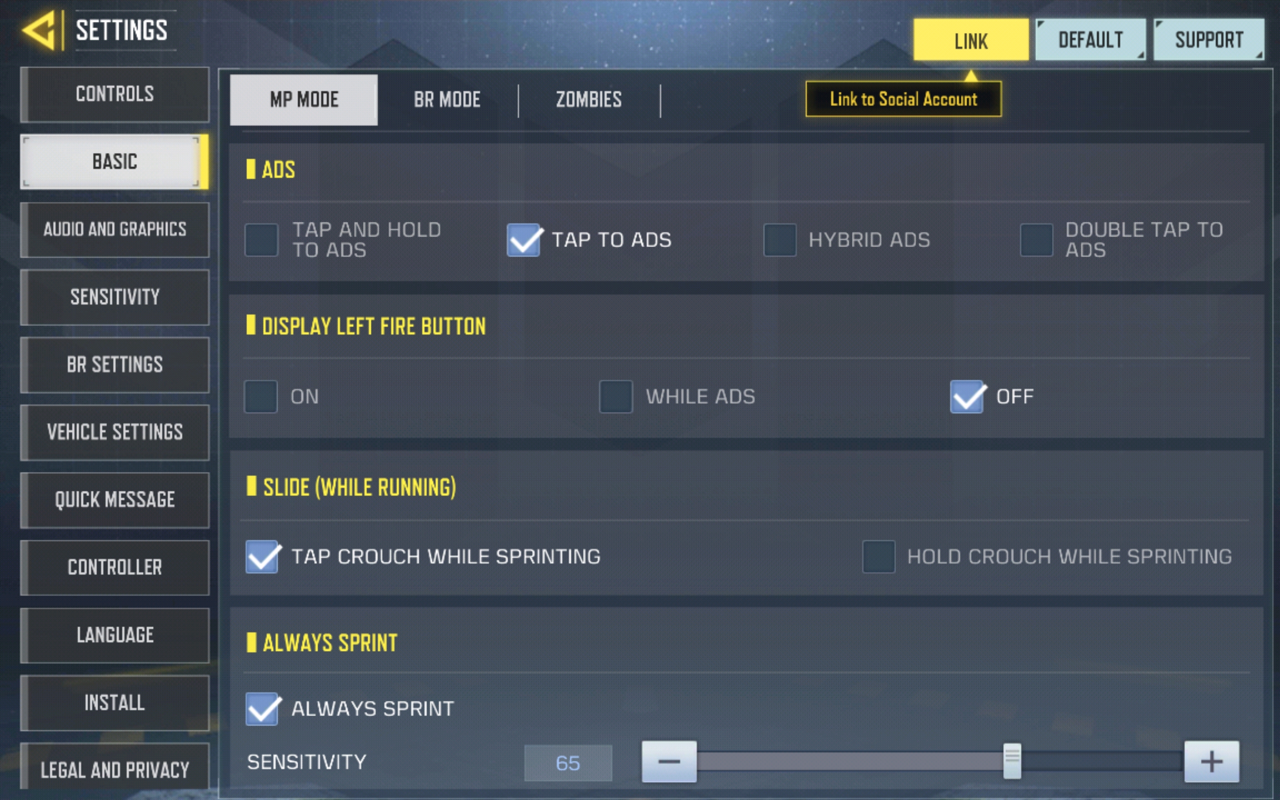 Basic settings page within Call of Duty: Mobile featuring ADS options like tap and hold, just tap, or double tap. Another option is to always sprint.