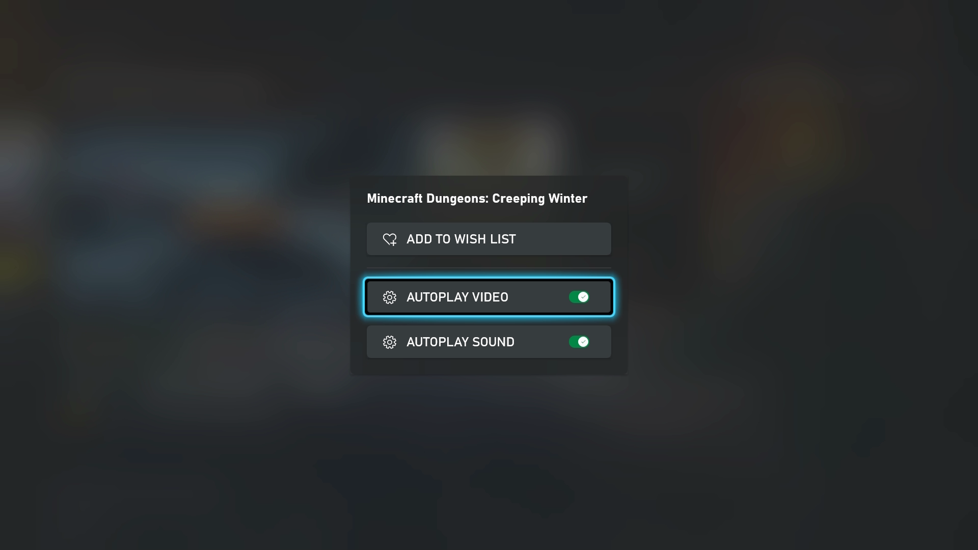 A screenshot from the Microsoft Store app on Xbox. A dialog box is displayed that shows options, including toggles for "Autoplay Video" and "Autoplay Sound."