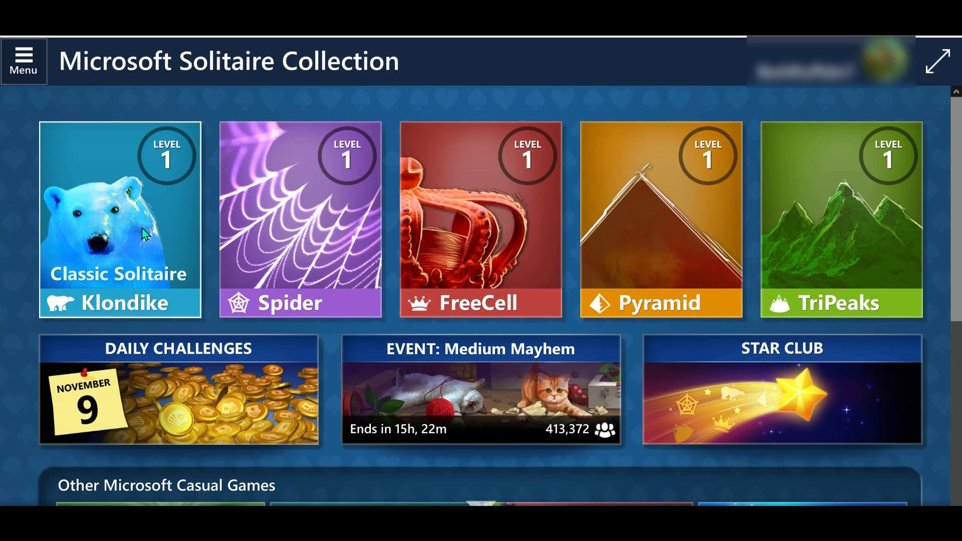 The main menu in the Microsoft Solitaire Collection with different solitaire modes.