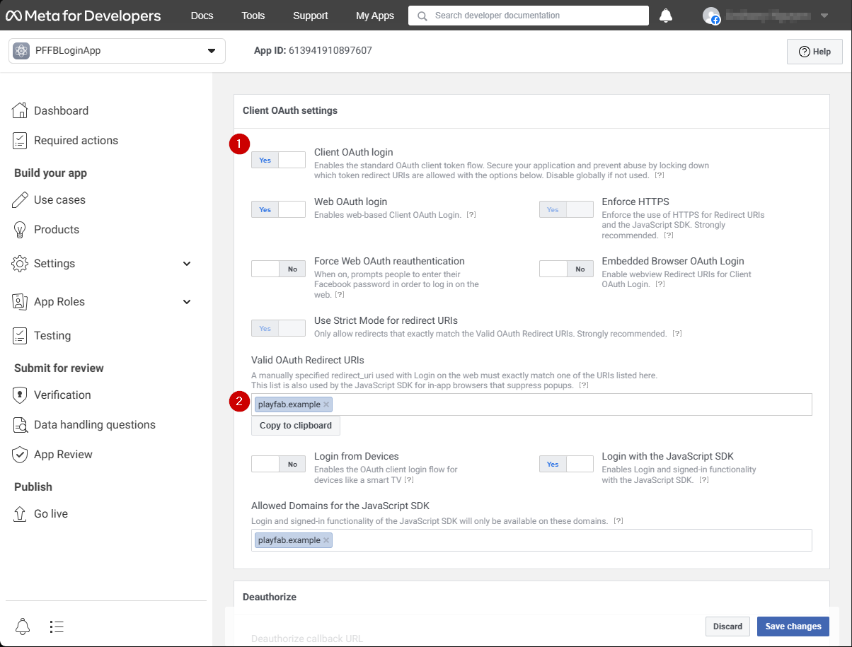 Facebook login product settings