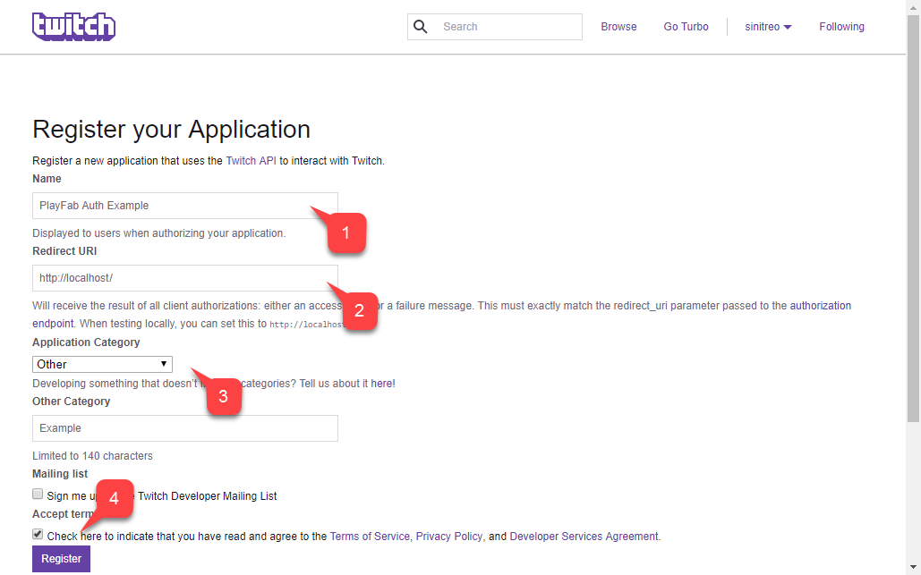 Twitch register your application