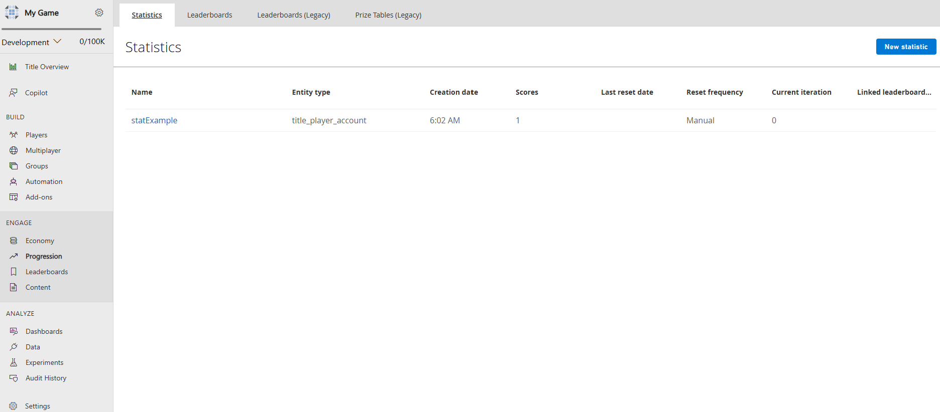 PlayFab Statistics final result