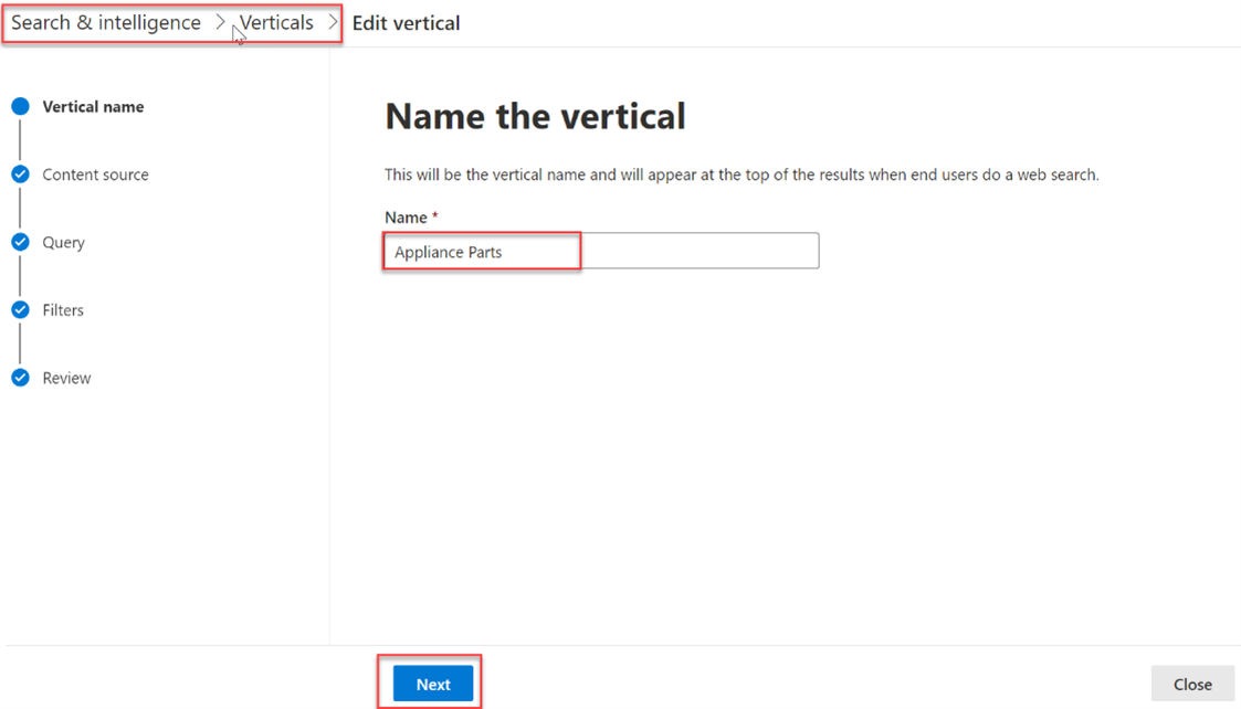 Screenshot of the "Name the vertical" section with "Appliance Parts" highlighted in the Name box.