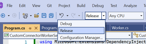Screenshot showing the Release configuration selected
