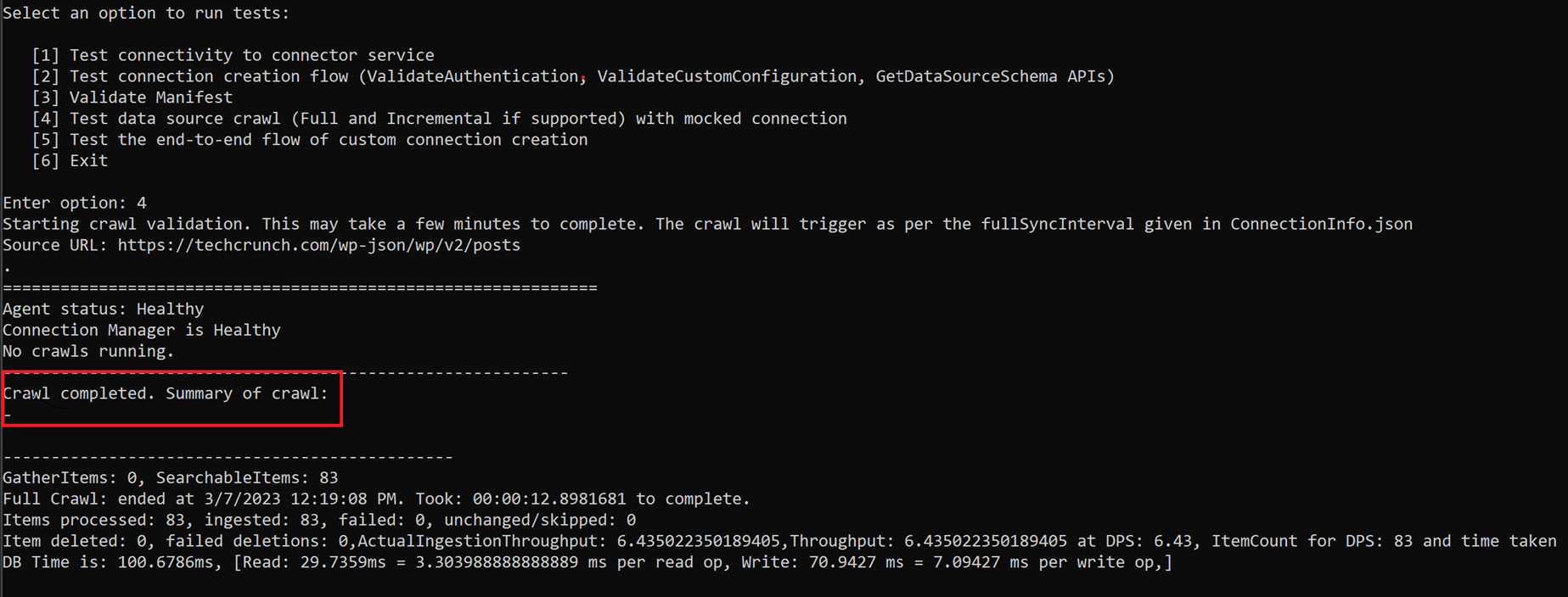 Screenshot of the test utility output showing the fourth test scenario completed