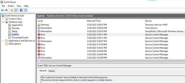 Screenshot of the error logs in the event viewer